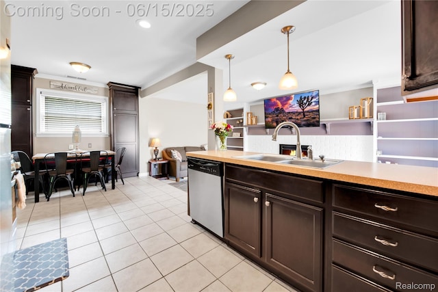 22086 Hillcrest Ct, Woodhaven, MI 48183 - kitchen featuring dishwasher, dark brown cabinetry, light tile patterned floors, light countertops, and ornamental molding