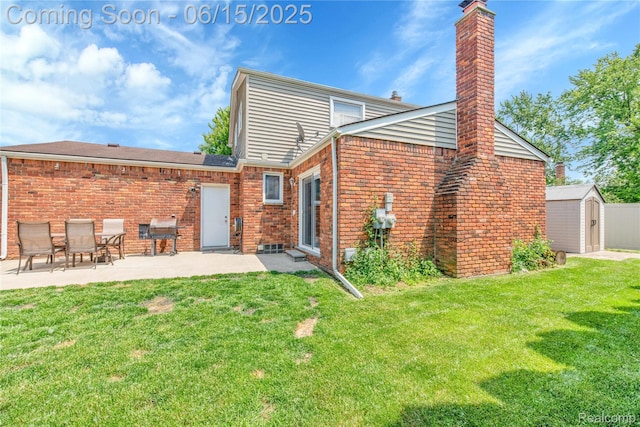 22086 Hillcrest Ct, Woodhaven, MI 48183 - rear view of property featuring a shed, a patio area, a chimney, brick siding, and a lawn