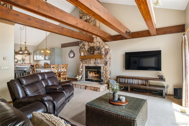 35772 Bal Clair St, New Baltimore, MI 48047 - living room featuring carpet, a fireplace, and a chandelier