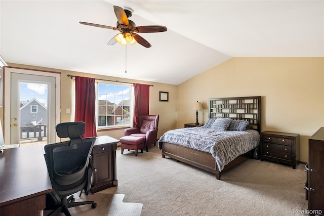 35772 Bal Clair St, New Baltimore, MI 48047 - carpeted bedroom featuring vaulted ceiling, access to outside, an office area, and ceiling fan
