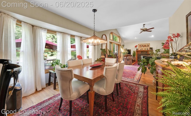 115 Audubon Dr, White Lake, MI 48383 - dining space with a fireplace, lofted ceiling, ceiling fan, a chandelier, and light wood-style flooring