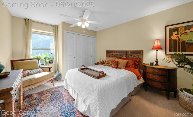 115 Audubon Dr, White Lake, MI 48383 - bedroom with carpet floors, a closet, and a ceiling fan