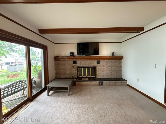 7275 Bluebill St, Clay, MI 48001 - living area with beamed ceiling, carpet, and a fireplace