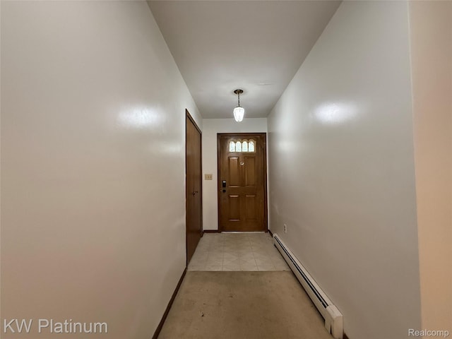 7275 Bluebill St, Clay, MI 48001 - doorway featuring a baseboard heating unit and light carpet