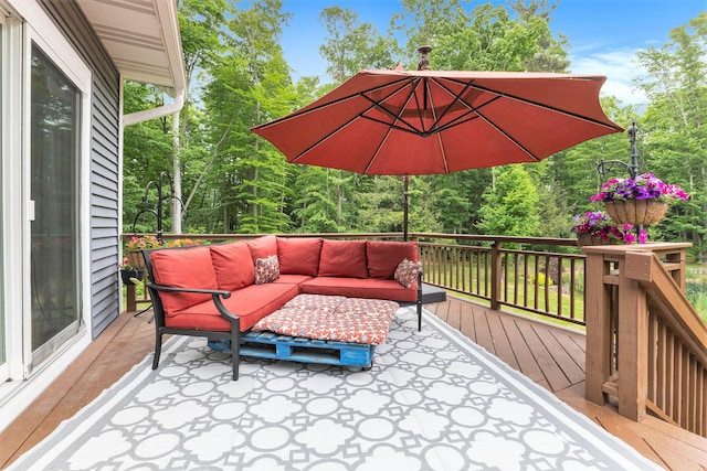14110 168th Ave, Grand Haven, MI 49417 - wooden deck with outdoor lounge area and view of wooded area