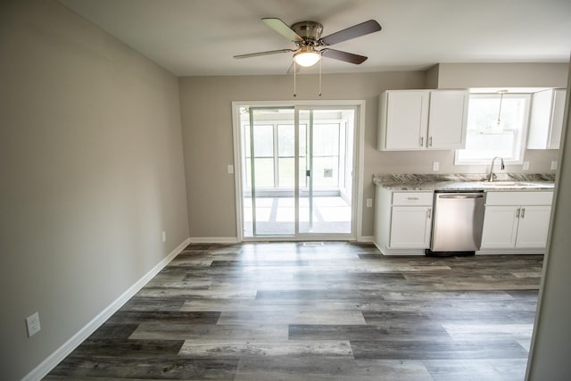9461 Morrish Rd, Montrose, MI 48457 - kitchen featuring dishwasher, ceiling fan, plenty of natural light, and white cabinetry