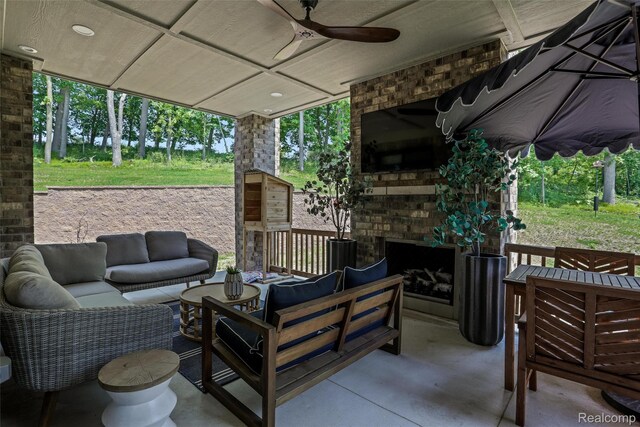 2584 Heights View Ct, Rochester, MI 48306 - view of patio featuring an outdoor living space with a fireplace and ceiling fan