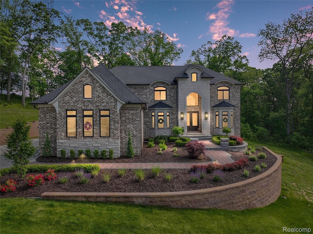 2584 Heights View Ct, Rochester, MI 48306 - french country style house with stone siding, a front lawn, and a shingled roof