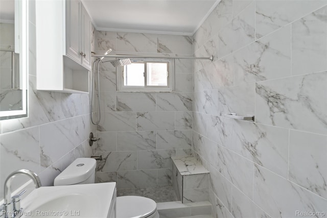 1330 Rahn St, Westland, MI 48186 - full bathroom with tiled shower, tile walls, and vanity