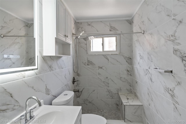 1330 Rahn St, Westland, MI 48186 - bathroom with a tile shower, tile walls, vanity, and crown molding