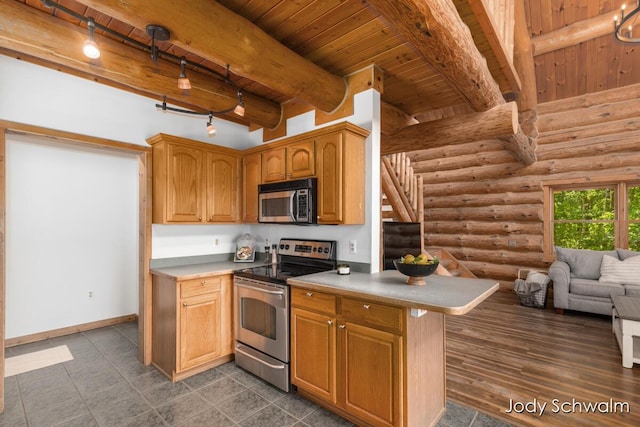 5820 Grace Hwy, Sunfield, MI 48890 - kitchen with appliances with stainless steel finishes, a wooden ceiling with exposed beams, rustic walls, open floor plan, and track lighting