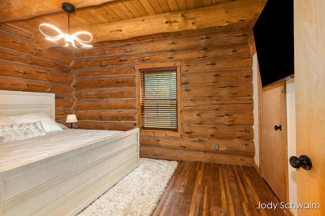 5820 Grace Hwy, Sunfield, MI 48890 - unfurnished bedroom featuring hardwood / wood-style floors, a chandelier, rustic walls, and a wood ceiling with exposed beams