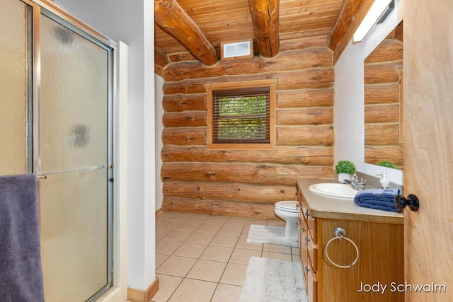 5820 Grace Hwy, Sunfield, MI 48890 - bathroom featuring log walls, a wooden ceiling with exposed beams, vanity, a stall shower, and tile patterned flooring
