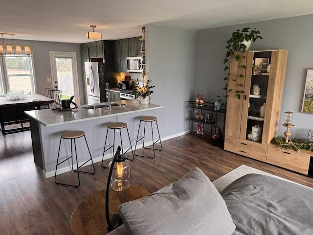 1131 Odell Farm Ln, Vicksburg, MI 49097 - kitchen featuring appliances with stainless steel finishes, dark wood-type flooring, a peninsula, a breakfast bar area, and light countertops