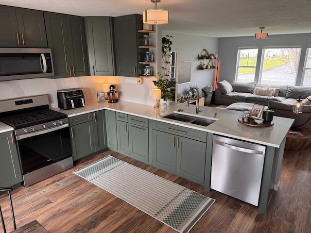 1131 Odell Farm Ln, Vicksburg, MI 49097 - kitchen with stainless steel appliances, a peninsula, light countertops, and open floor plan