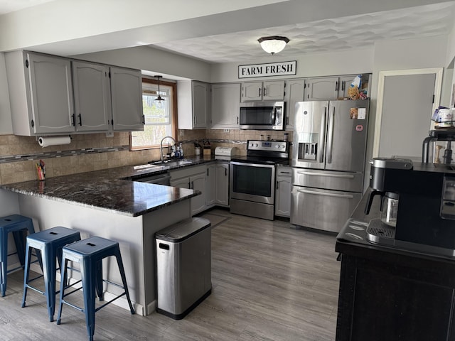 11199 Edgewood Rd, Bellevue, MI 49021 - kitchen featuring stainless steel appliances, a peninsula, tasteful backsplash, wood finished floors, and gray cabinets