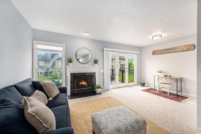 3395 Breckland Ct, Ann Arbor, MI 48108 - carpeted living area with healthy amount of natural light, a premium fireplace, and a textured ceiling