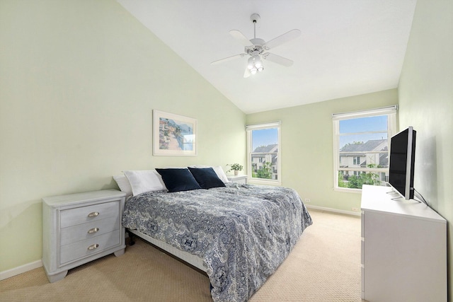 3395 Breckland Ct, Ann Arbor, MI 48108 - bedroom featuring light colored carpet, multiple windows, high vaulted ceiling, and a ceiling fan