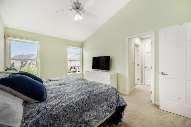 3395 Breckland Ct, Ann Arbor, MI 48108 - bedroom featuring light carpet, high vaulted ceiling, and a ceiling fan