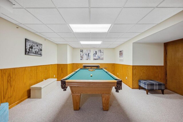 3999 Ravina Ter, Saint Joseph, MI 49085 - rec room with wainscoting, a drop ceiling, carpet, billiards table, and wood walls
