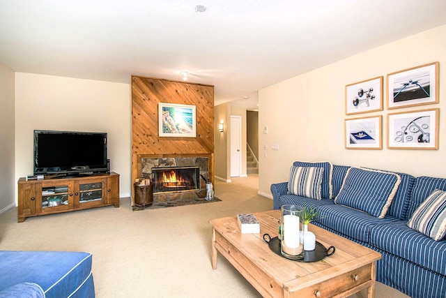18418 Dunecrest Dr Unit 9, New Buffalo, MI 49117 - living area with carpet floors, a fireplace, and stairway