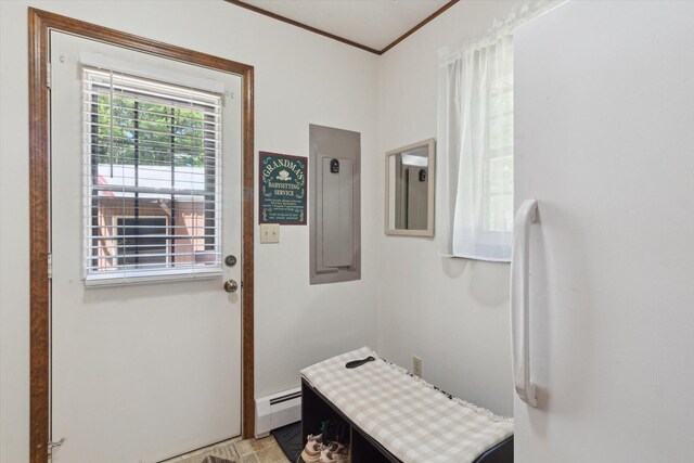 10343 N Walnut Ave, Bitely, MI 49309 - entryway with a baseboard radiator, electric panel, and ornamental molding