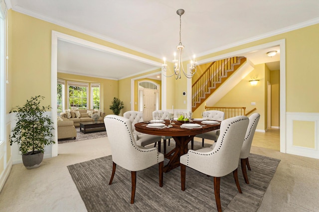 2032 Cameo Ct, Canton, MI 48187 - carpeted dining room with stairway, ornamental molding, and a chandelier