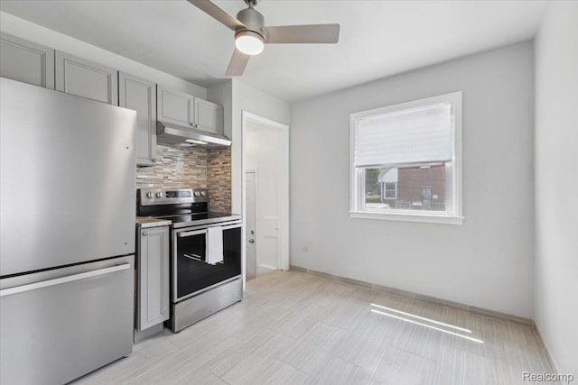 20401 Anglin St, Detroit, MI 48234 - kitchen featuring appliances with stainless steel finishes, under cabinet range hood, gray cabinetry, and tasteful backsplash