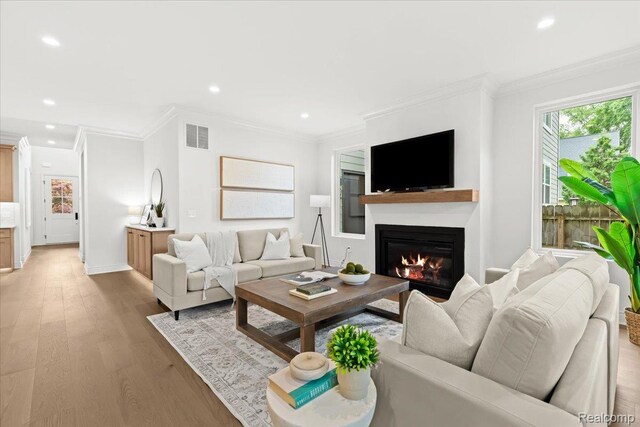 624 S Vermont Ave, Royal Oak, MI 48067 - living area with a glass covered fireplace, light wood finished floors, recessed lighting, and crown molding