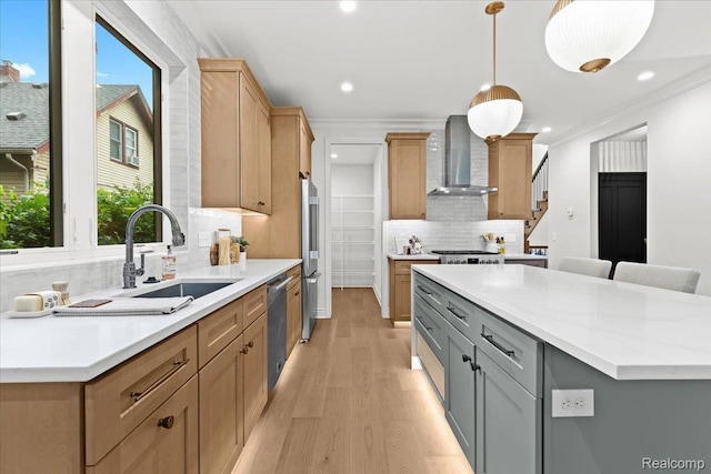 624 S Vermont Ave, Royal Oak, MI 48067 - kitchen with wall chimney exhaust hood, stainless steel appliances, backsplash, light wood-style flooring, and recessed lighting