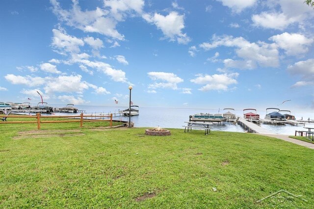 6276 W Houghton Lake Dr, Houghton Lake, MI 48629 - dock area with an outdoor fire pit, a yard, and a water view