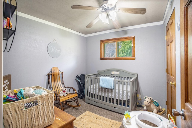3463 Arthur Rd, Remus, MI 49340 - bedroom with a nursery area, crown molding, carpet flooring, and ceiling fan