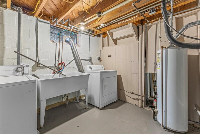 22406 Colony St, Saint Clair Shores, MI 48080 - laundry room featuring gas water heater, independent washer and dryer, and concrete block wall