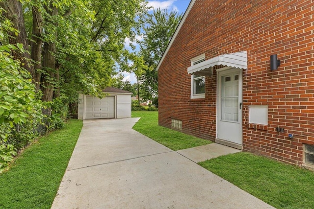 22406 Colony St, Saint Clair Shores, MI 48080 - view of home's exterior with an outdoor structure, a garage, brick siding, concrete driveway, and a lawn