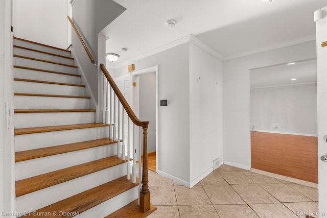 20740 Marter Rd, Grosse Pointe Woods, MI 48236 - stairway with ornamental molding, tile patterned floors, and recessed lighting