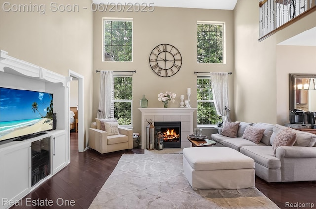 9806 Goldfinch Ct, Saline, MI 48176 - living area with a towering ceiling, dark wood-style flooring, and healthy amount of natural light