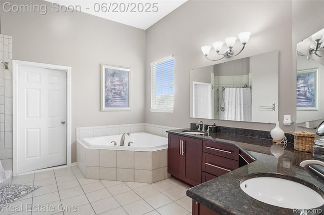 9806 Goldfinch Ct, Saline, MI 48176 - bathroom featuring a tile shower, a bath, vanity, and tile patterned floors