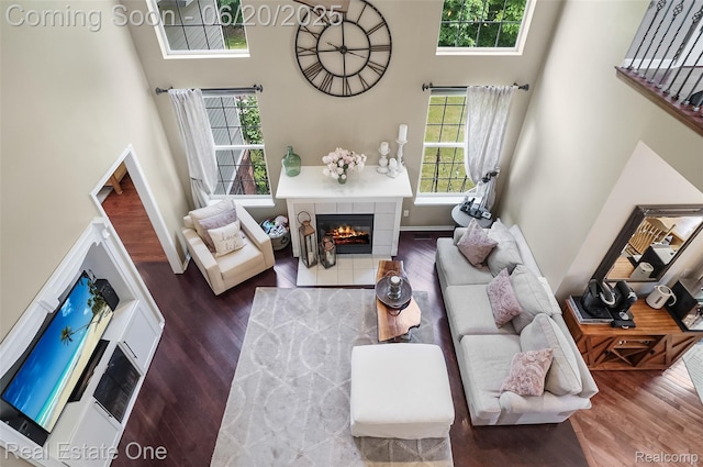 9806 Goldfinch Ct, Saline, MI 48176 - living area with a towering ceiling, wood finished floors, and a tile fireplace
