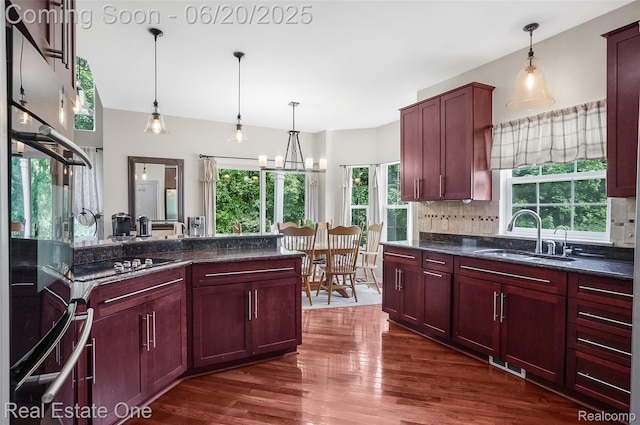 9806 Goldfinch Ct, Saline, MI 48176 - kitchen featuring reddish brown cabinets, black appliances, dark wood-style floors, backsplash, and plenty of natural light