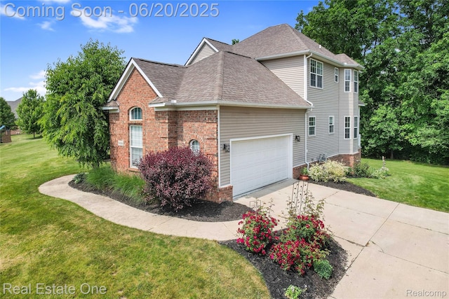 9806 Goldfinch Ct, Saline, MI 48176 - view of side of home with a lawn, roof with shingles, driveway, and brick siding