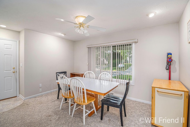 10296 S Lakeside Ridge Rd, Baldwin, MI 49304 - dining space featuring light colored carpet, a ceiling fan, and recessed lighting