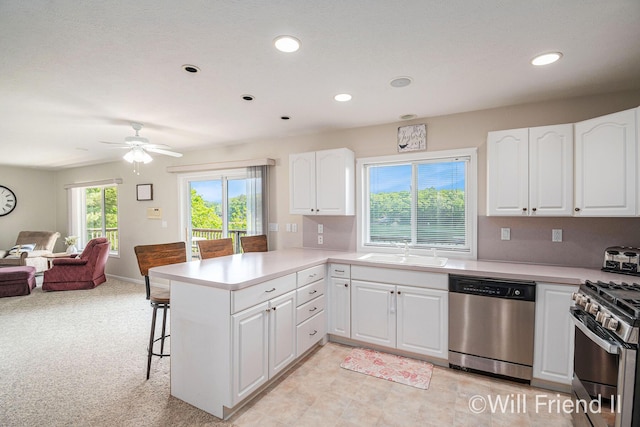 10296 S Lakeside Ridge Rd, Baldwin, MI 49304 - kitchen with appliances with stainless steel finishes, a peninsula, a kitchen breakfast bar, open floor plan, and recessed lighting