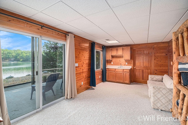 10296 S Lakeside Ridge Rd, Baldwin, MI 49304 - unfurnished living room featuring wooden walls, light colored carpet, a water view, and a paneled ceiling