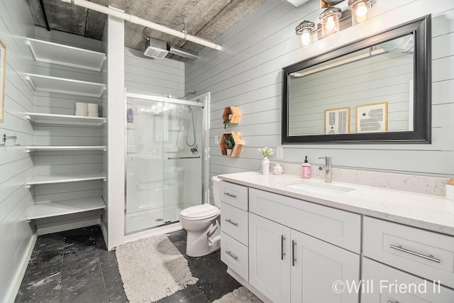 10296 S Lakeside Ridge Rd, Baldwin, MI 49304 - bathroom featuring vanity, a stall shower, and wood walls