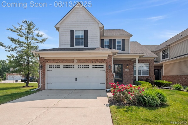 4376 Bennett Park Cir, Troy, MI 48085 - view of front of property with a front yard, driveway, brick siding, a garage, and roof with shingles