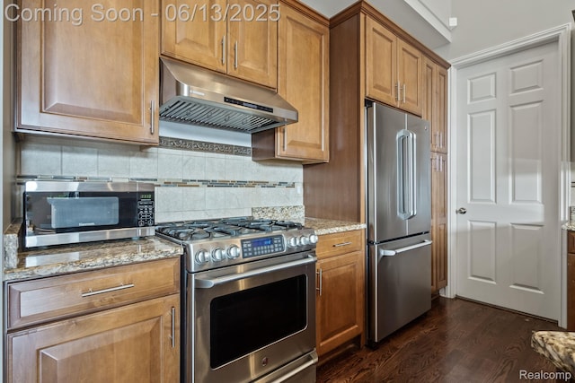4376 Bennett Park Cir, Troy, MI 48085 - kitchen featuring appliances with stainless steel finishes, under cabinet range hood, dark wood-style flooring, and light stone countertops