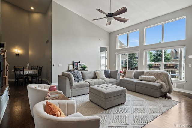 4376 Bennett Park Cir, Troy, MI 48085 - living room with high vaulted ceiling, ceiling fan, wood finished floors, and recessed lighting