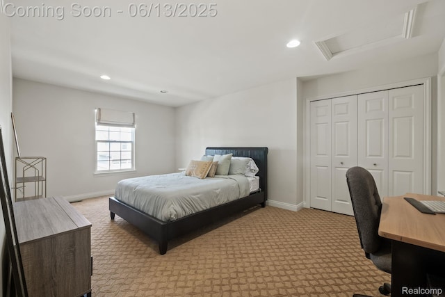 4376 Bennett Park Cir, Troy, MI 48085 - carpeted bedroom featuring attic access, a desk, recessed lighting, and a closet