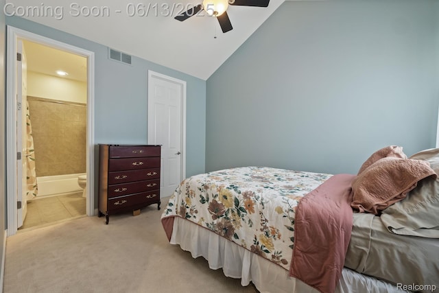 4376 Bennett Park Cir, Troy, MI 48085 - carpeted bedroom with connected bathroom, vaulted ceiling, and ceiling fan