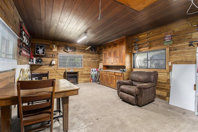 8114 E 72nd St # 2, Newaygo, MI 49337 - living area featuring wooden walls, a fireplace, wooden ceiling, concrete flooring, and plenty of natural light